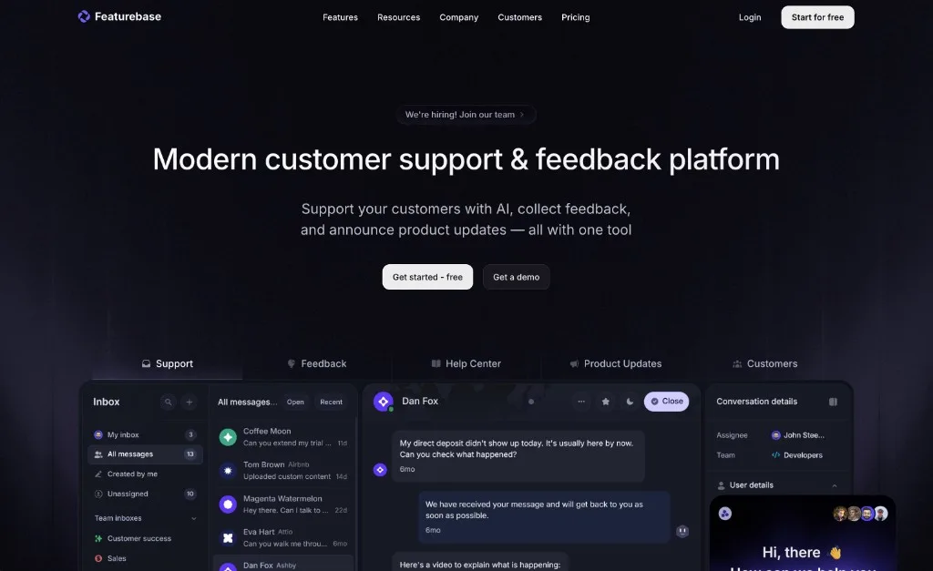 Featurebase customer support and feedback platform